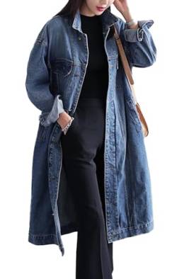 Jofemuho Klassische lange Damen-Jeansjacke, Übergröße, lockerer Schnitt, langärmelig, Button-Down-Jeansjacke, Trenchcoat, blau, Small von Jofemuho