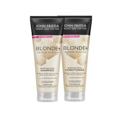 John Frieda Blonde+ Repair System Vorteilspack - Shampoo, 250 ml & Conditioner, 250 ml - Bond Building Plex - Für durch Aufhellung geschädigtes Haar - Bildet neue Brücken direkt an der Haarfaser von John Frieda
