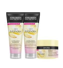John Frieda Go Blonder Vorteilsset, bestehend aus Go Blonder Shampoo, 250 ml + Conditioner, 250 ml + Maske, 250 ml - Schutz vor Haarschäden - Aufhellend - Haartyp: blond, blondiert von John Frieda
