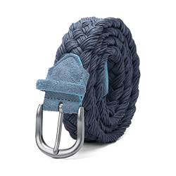 Jojomino Herren-Leder-Strickgürtel mit geflochtenem Riemen aus Wachsseil, silberne Schnalle, ohne Löcher, Baumwollgewebe, handgefertigte Gürtel, Blau von Jojomino