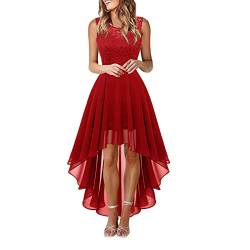 JokeLomple Damen-Spitzenkleid, Schleife, Gürtel, Elegantes, unregelmäßiges Kleid, ärmelloses Chiffonkleid, Brautjungfern-Cocktailpartykleid Rotes Kleid Damen Sexy Abschlusskleider Vorne Kurz Hinten von JokeLomple