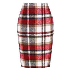 Pencil Plaid Röcke für Frauen Herbst Winter hoch taillierter, Figurbetonter, knielanger Woll-Midirock mit Schlitz Gelb Senf Bikini Damen von JokeLomple