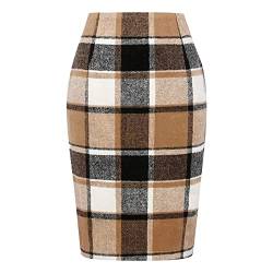 Pencil Plaid Röcke für Frauen Herbst Winter hoch taillierter, Figurbetonter, knielanger Woll-Midirock mit Schlitz Gelb Senf Grauen Damen von JokeLomple