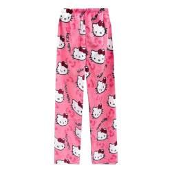 Schlafanzug Damen Hosen Lang Flanell Hello Kitty Pyjama Hose Damen Schlafhose Weich Kawaii Pyjamas Anime Bequeme Winter Schlafanzughose von JokeLomple