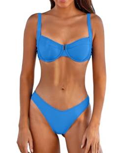 High Cut Bikini Sets für Frauen Bügel Push Up Top Badeanzüge Zweiteiliger Triangel Badeanzug Cheeky Tanga Bottom, Blaue High Cut Badeanzüge, Medium von Jolefille