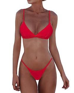 Jolefille Damen Tanga Bikini Brasilianischer String Badeanzüge Dreieck Badeanzug Frecher Hoher Schnitt Zweiteilig, Roter Tanga Bikini, XL von Jolefille
