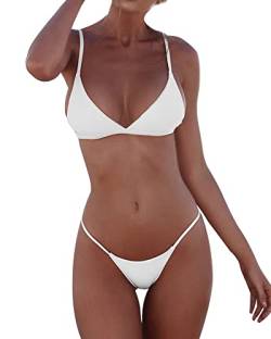 Jolefille Damen Tanga Bikini Brasilianischer String Badeanzüge Dreieck Badeanzug Frecher Hoher Schnitt Zweiteilig, Weißer Tanga Bikini, S von Jolefille