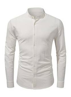 Jolicloth Leinenhemd Herren Langarm Hemd Henley Freizeithemd Stehkragen T-Shirt Langarm Hemdshirt Regular Fit Shirt Weiß S von Jolicloth