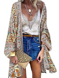 Joligao Damen Kimono Cardigan Strand Sommer Blumendruck Kimono Strickjacke Boho Cardigan Beachwear Bedecken Bikini Cover Up Strandkleid,Beige,XL von Joligiao