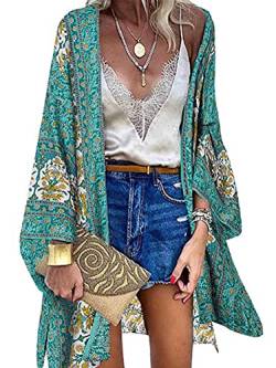 Joligao Damen Kimono Cardigan Strand Sommer Blumendruck Kimono Strickjacke Boho Cardigan Beachwear Bedecken Bikini Cover Up Strandkleid,Grün,L von Joligiao