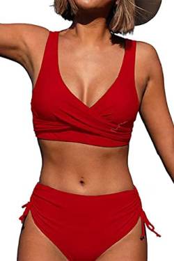 Joligiao Bikini Damen High Waist Badeanzüge Crossover Bustier Lace Up Bikini Set Bademode Blumenmuster Zweiteiliger Badeanzug Bademode Swimsuit (Rot,L) von Joligiao