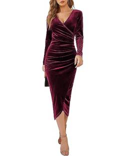 Joligiao Damen Abendkleid Winterkleid Elegant Samtkleid Weihnachtskleid V-Ausschnitt Cocktailkleid Langarm Festliche Kleider Vintage Partykleid Retro Kleider Winter Hochzeit Kleid(Burgunderrot,M) von Joligiao