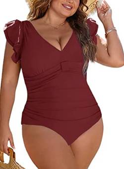 Joligiao Damen Badeanzug Einteilige Bademode Bauchweg Große Größe Swimsuit Push up Schlankheits Monokini Schwimmanzug Retro Ruched Strandmode Badekleid mit Bauchkontrolle(Rot,XL) von Joligiao