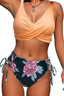 Joligiao Damen Bikini Set Cross Back Badeanzüge Twist Front Zweiteiliger Badeanzug Crossover Lace Up Bikini Bademode Kordelzug Side Bikini Sets(Orange,M) von Joligiao