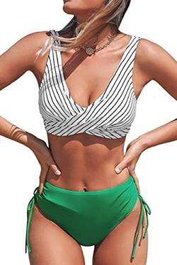 Joligiao Damen Bikini Set Cross Back Badeanzüge Twist Front Zweiteiliger Badeanzug Crossover Lace Up Bikini Bademode Kordelzug Side Bikini Sets(Streifen,XL) von Joligiao