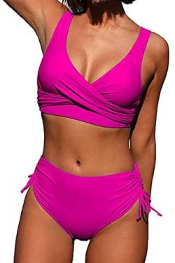 Joligiao Damen Bikini Set Push Up Crossover Bikinioberteil Strandmode Zweiteiliger Badeanzug Niedrige Taille Sport Sexy Slip Verstellbar,L,Heisses Rosa von Joligiao