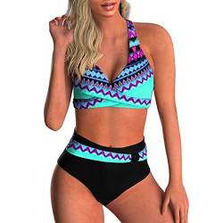 Joligiao Damen Bikini Set Retro Gedruckt Neckholder Rückenfrei Bikinioberteil Elegant Zweiteiliger Badeanzug Sexy Bikini Damen Push Up Bikini Set,S,Blau von Joligiao