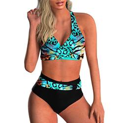 Joligiao Damen Bikini Set Retro Gedruckt Neckholder Rückenfrei Bikinioberteil Elegant Zweiteiliger Badeanzug Sexy Bikini Damen Push Up Bikini Set,S,Grün von Joligiao