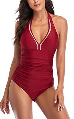 Joligiao Damen Einteilige Badeanzug Retro V Ausschnitt Bandeau Neckholder Monokini Bademode Ruched Bauchweg Belly Kontrolle Bauchweg Badebekleidung Strandbikinis für Frauen(Rot,XXL) von Joligiao