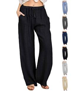 Joligiao Damen Freizeit Hose Länge Leinen Hosen Baumwolle Leinenhose mit Kordelzug und Taschen Casual Einfarbig Damen Hose Sommerhose Loose Freizeithose Jogginghose(Schwarz,XL) von Joligiao