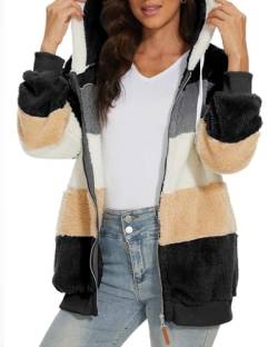 Joligiao Damen Mode Fleece Patchwork Hoodie fleecejacke damen mit kapuze, Sweatshirt mit zipper, Warme Pullover Jacken winter Plüschjacke von Joligiao