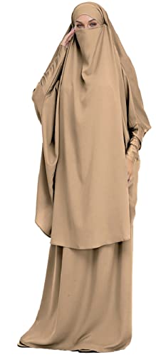 Joligiao Damen Muslim Roben Einfarbig Lose Muslimisches Kleid Mit Kapuze Islamische Gebetskleidung Fledermaus Ärmel Langarm Türkische Robe Mit Turban Strickjacke Ramadan Kleid,Khaki von Joligiao