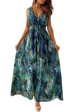 Joligiao Damen Sommerkleid Lang lässig Ärmelloses Kleid Lässig Locker V Ausschnitt Langes Kleid Floral Leichtes Kleid Wrap Elegant Hoch Taille Maxi Kleid Grün M von Joligiao