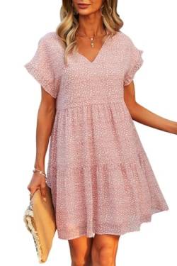 Joligiao Damen Sommerkleider Knielang Kurzarm T-Shirt Kleider Lässiges Rundhals Boho Strandkleider Sommer Elegant Minikleid V-Ausschnitt Lose Passform Sommerkleid Rosa XXL von Joligiao