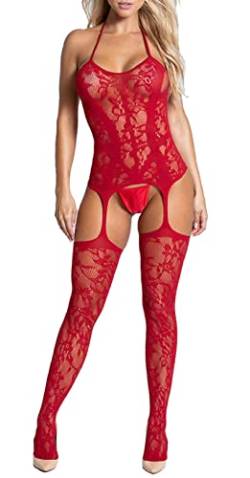 Joligiao Damen Unterwäschen Sexy Fischernetz Bodystocking Reizwäsche Netz Strumpfhose Hohle Elastizität Schrittlos Neckholder Nachtwäsche Dessous,Rot,One Size von Joligiao