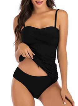 Joligiao Damen Zweiteilig Badeanzug Bademode Push up Tankini Set Bauchweg Rüschen Tankini Crossover Beachwear mit Slip Sport Swimsuits(Schwarz,S) von Joligiao