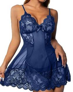 Joligiao Dessous Spitze Negligee Damen Babydoll Nachtwäsche Set mit V-Ausschnitt Nachtwäsche Set Nachtkleid mit G-String Lingerie Sleepwear Sexy Negligee für Damen(Blau,M) von Joligiao