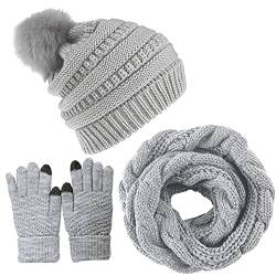 Joligiao Mütze Schal Damen Winter Beanie Strickmütze Set Damen Fellbommel Beanie Schal Set Stricken Touchscreen-Handschuhe Weiche Loop Schal Fleece Handschuhe Chic,Grau,Einheitsgröße von Joligiao