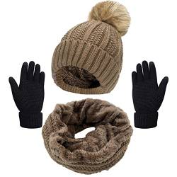 Joligiao Mütze Schal Set Handschuh Damen Winter Strickmütze Beanie Warm Wintermütze mit Pompon Verlängern Loop Schal Weichem Innenfutter Fleece Touchscreen Handschuhe,Khaki,One Size von Joligiao