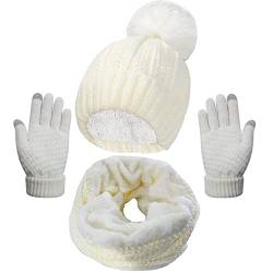 Joligiao Mütze Schal Set Handschuh Damen Winter Strickmütze Beanie Warm Wintermütze mit Pompon Verlängern Loop Schal Weichem Innenfutter Fleece Touchscreen Handschuhe,Weiß,One size von Joligiao