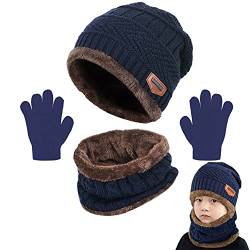 Joligiao Mütze Schal Set Kinder Strickmütze Schal Handschuhe Set Mädchen Winter Beanie Mütze set Jungen Strickmütze Schal Handschuhe Warme Dicke Halswärmer set 2-10 Jahre,Marine,Einheitsgröße von Joligiao