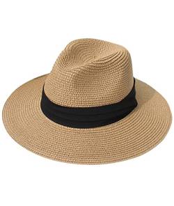 Joligiao Panama Hut Breiter StrohhüTe Sommerhut Krempe Stroh Herren Damen Mit Groß Sonnen Shade Sommer Fedora Strohhut Uv Sonnenhut UPF 50+,Khaki von Joligiao