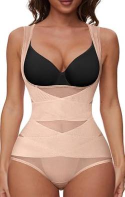 Joligiao Shapewear Damen Bauchweg Bodysuit Figurenformend Body Shaper Formende Body Shaper Taillenformer Unterbrust Korsett Shaping Bodysuit mit Haken Unterwäsche Beige M von Joligiao