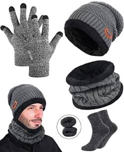 Joligiao Wintermütze Schal Handschuhe Set Strickmütze Beanie Winterschal Warme Wintersocken Herren Fleecefutter Thermo Handschuhe Loop Schal Knit Hut Unisex,Grau,One size von Joligiao