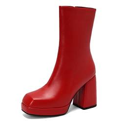 Joliss Damen Blockabsatz Halbschaft Boots Damen Square Toe Halbschaft Boots Damen Reißverschluss Abend Kleid Stiefeletten Damen Warm Winterstiefel Rot Gr 38 EU/39Cn von Joliss