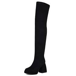 Joliss Damen Blockabsatz Kniestiefel Damen Plateau Overknees Boots Damen Square Toe Reißverschluss Overknees Boots Schwarz-Ms Gr 38 EU/39Cn von Joliss