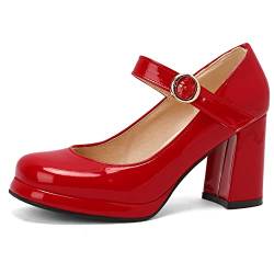 Joliss Damen Blockabsatz Mary Jane Schuhe Mit Schnalle Damen Runde Zehen Pumps Rot Gr 39 EU/40Cn von Joliss