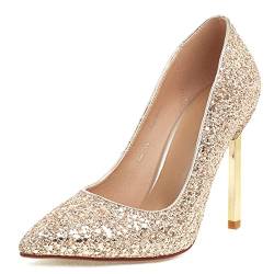 Joliss Damen Pointed Toe Abend Kleid Schuhe Damen Mode Glitzer Hochzeit Schuhe Damen Höhe Ferse Pumps Gold Gr 39 EU/40Cn von Joliss