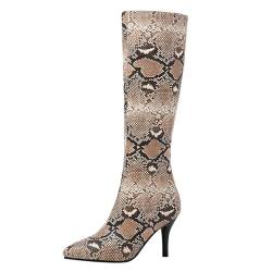 Joliss Damen Snakeskin Knee Stiefel Stiletto Mittelhohe Stiefel Pointed Toe Zip Hohe Stiefel Aprikose Gr 39 EU/40Cn von Joliss