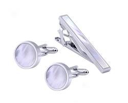 Jonwo Perlmutt 4.5cm Krawattennadeln und Manschettenknöpfe für Herren Silber Gold Cufflinks Tie Clip Hochzeit Hemd Party Geburtstag Jubiläum Kleid (Runde Silber Cufflinks Tie Clip Set) von Jonwo