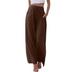 Damen Hosen Sommer Leinen Leicht Casual Locker Leinenhose Freizeithose Palazzo Hose Weite Leg Hose Sommerhose Hohe Taille mit Tunnelzug und Taschen (Coffee, M) von Jooffery