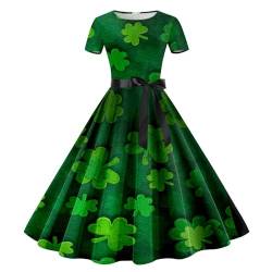 Damen St. Patrick's Day Kleider Kurzarm Kleeblatt Kleid Vintage Hepburn Cocktailkleid Langarm Druck Partykleid A-Linie Swing Kleid Dress Vintage Festliche Faltenrock von Jooffery