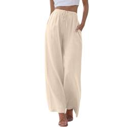 Jooffery Damen Hosen Sommer Leinen Leicht Casual Locker Leinenhose Freizeithose Palazzo Hose Weite Leg Hose Sommerhose Hohe Taille mit Tunnelzug und Taschen (Beige, S) von Jooffery