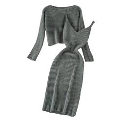 Strickpullover Strickkleid Zweiteiler Set Fauler Stil Pulloverkleid für Damen Einfarbiges Gestrickt Kleid Set Oberteil Pullover und Kleid Bodycon 2 Teiliges Sweater Strickkleid Pullikleid Minikleid von Jooffery