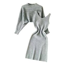 Strickpullover Strickkleid Zweiteiler Set Fauler Stil Pulloverkleid für Damen Einfarbiges Gestrickt Kleid Set Oberteil Pullover und Kleid Bodycon 2 Teiliges Sweater Strickkleid Pullikleid Minikleid von Jooffery