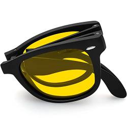 Joopin Faltbare Nachtfahrbrille Herren Rechteckig Klassische Faltbrille Nachtsichtbrille für Autofahrer Nachtbrille Damen Sonnenbrille (Retro Gelbe) von Joopin
